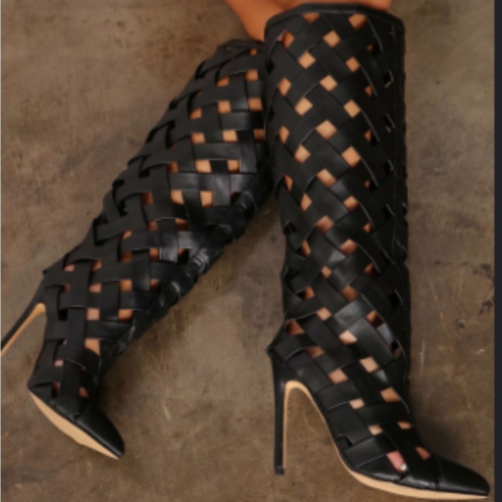 Fashion Nova Black Cutout Knee High Boots